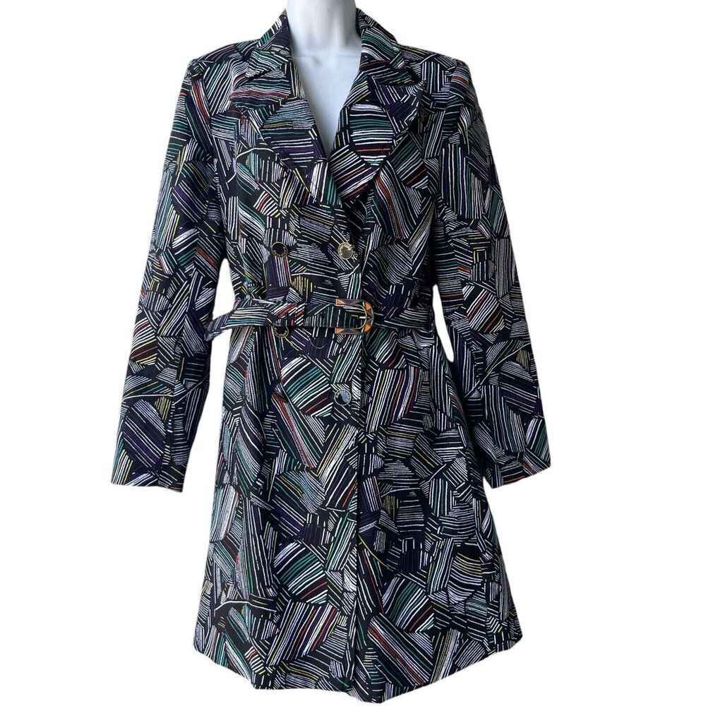 DURO OLOWU Belted Trench Coat Jacket Geometric Abstract Prints Black Size S